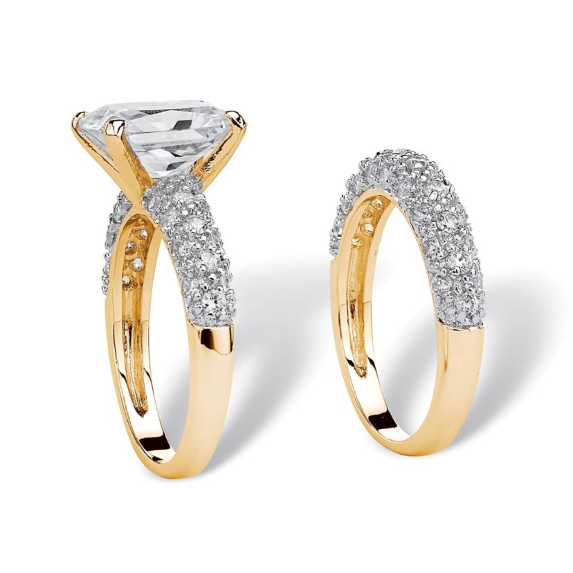 6.50 Cttw. Emerald-Cut Gold-Plated Cubic Zirconia 2-Piece Wedding Ring Set