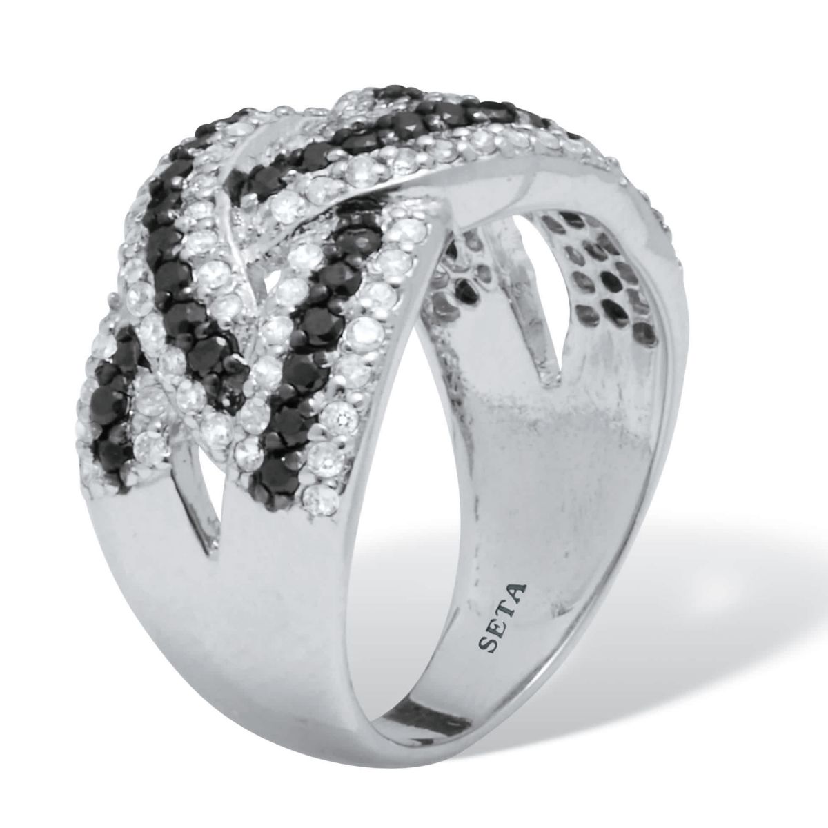 1.79 TCW Cubic Zirconia Black and White Braided Silvertone Ring