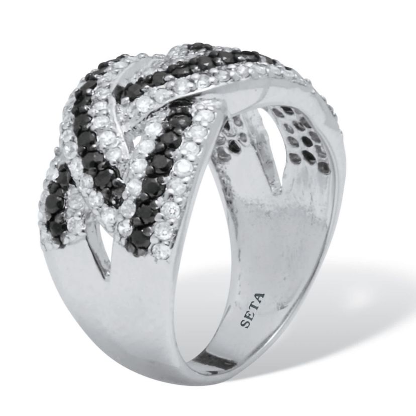 1.79 TCW Cubic Zirconia Black and White Braided Silvertone Ring