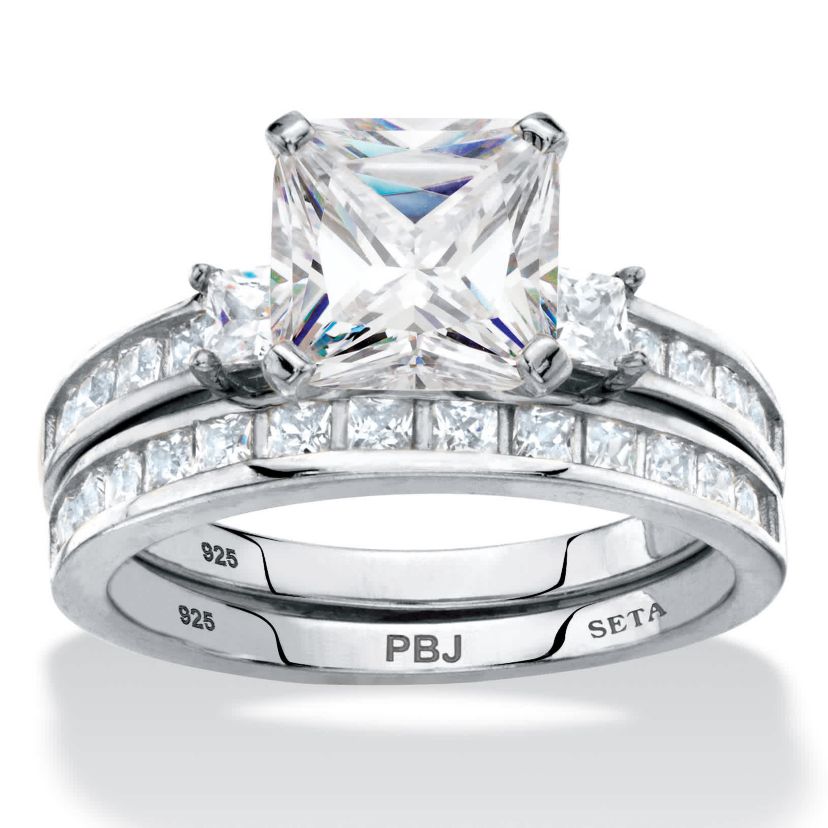 3.62 Cttw 2-Piece Platinum Plated .925 Silver Cubic Zirconia Wedding Ring Set