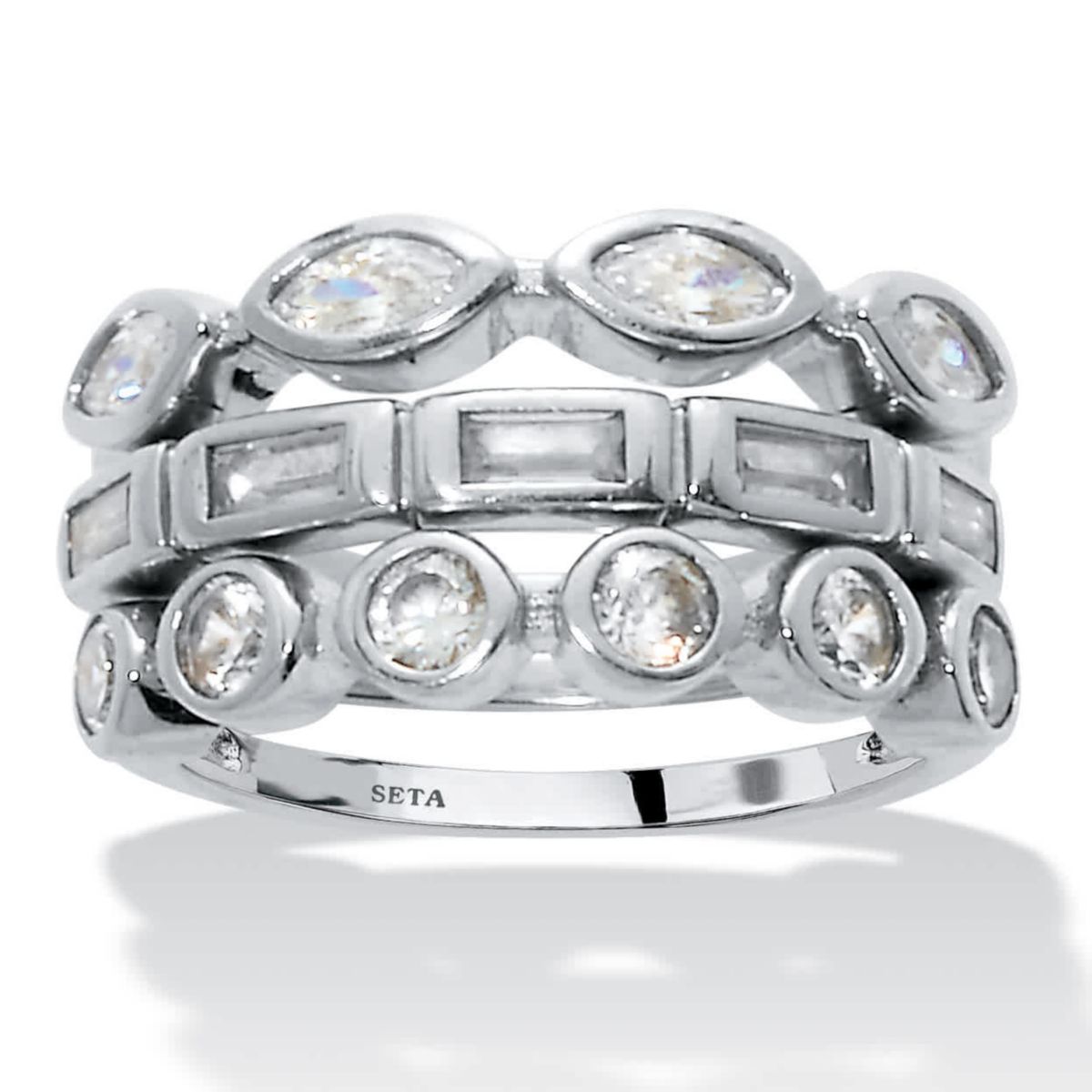 3-Set Stack Silvertone Multi-Shape Ring Set