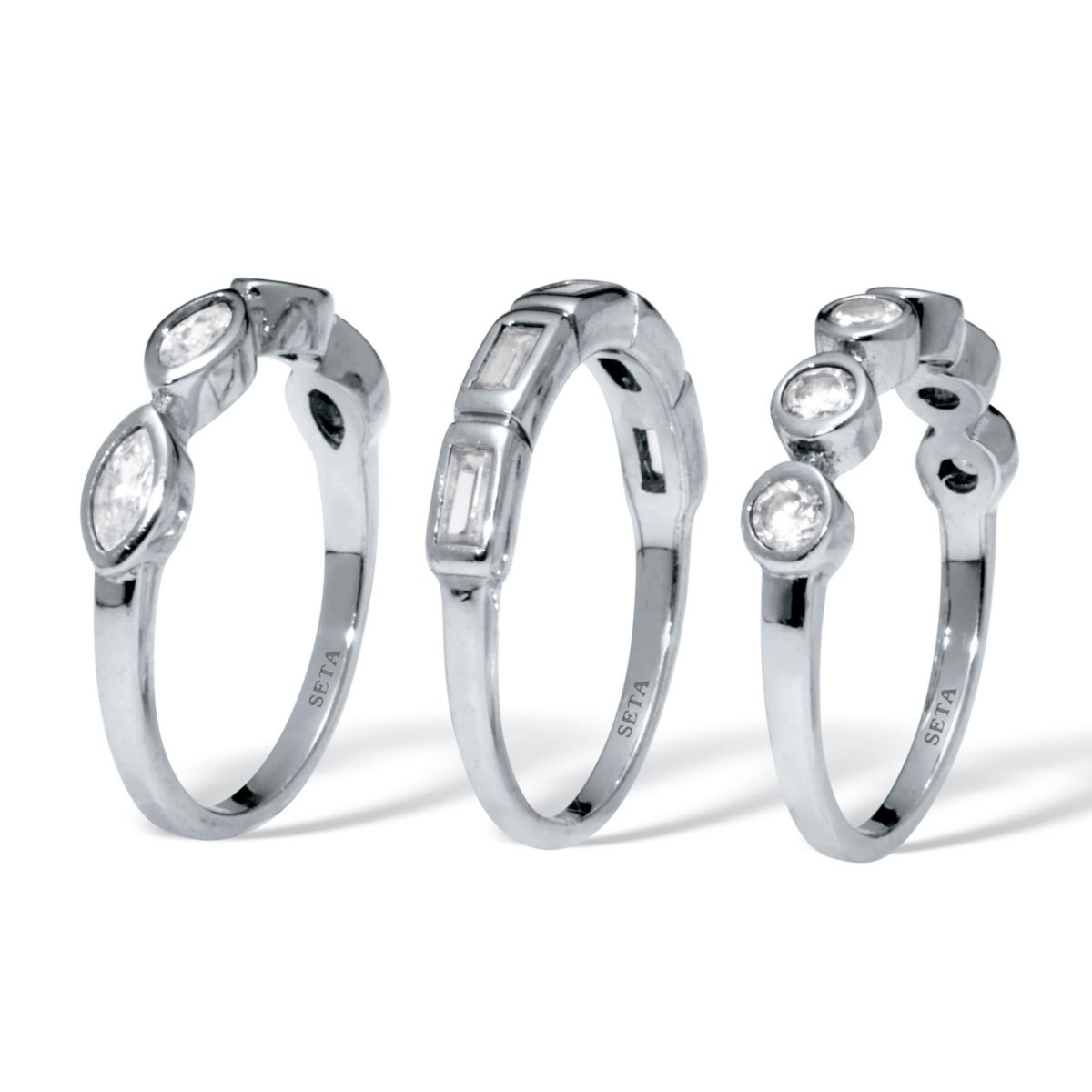 3-Set Stack Silvertone Multi-Shape Ring Set