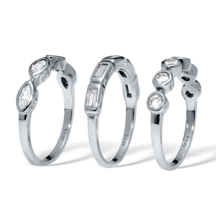 3-Set Stack Silvertone Multi-Shape Ring Set