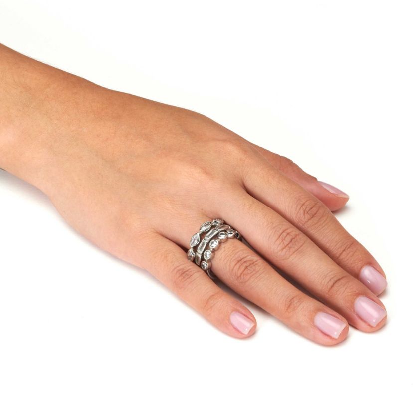 3-Set Stack Silvertone Multi-Shape Ring Set