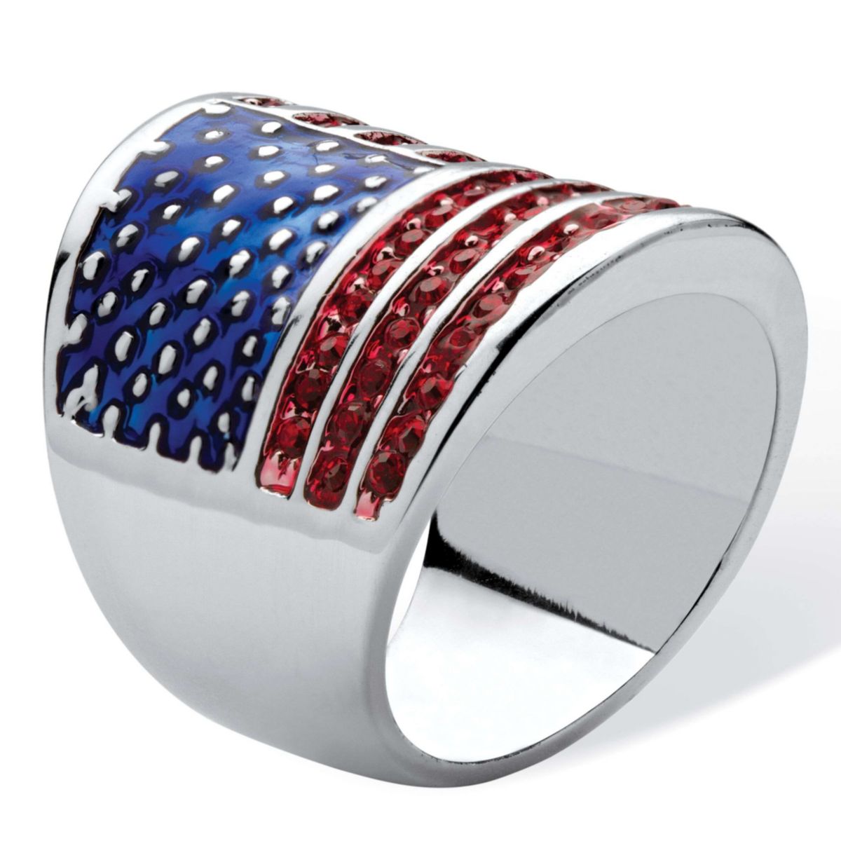2.08 Cttw. Simulated Red Ruby Silvertone Patriotic American Flag Wide Band Ring