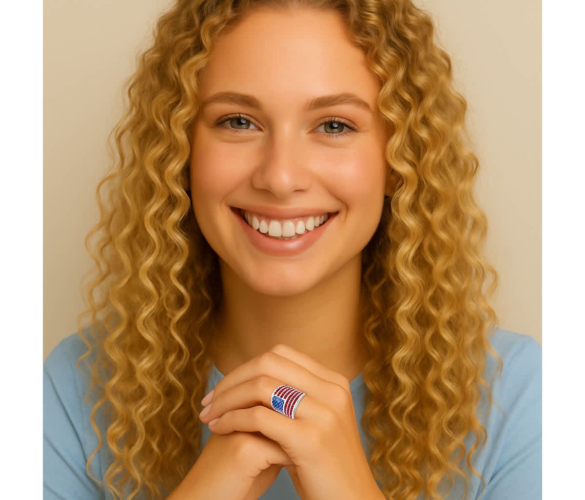 2.08 Cttw. Simulated Red Ruby Silvertone Patriotic American Flag Wide Band Ring