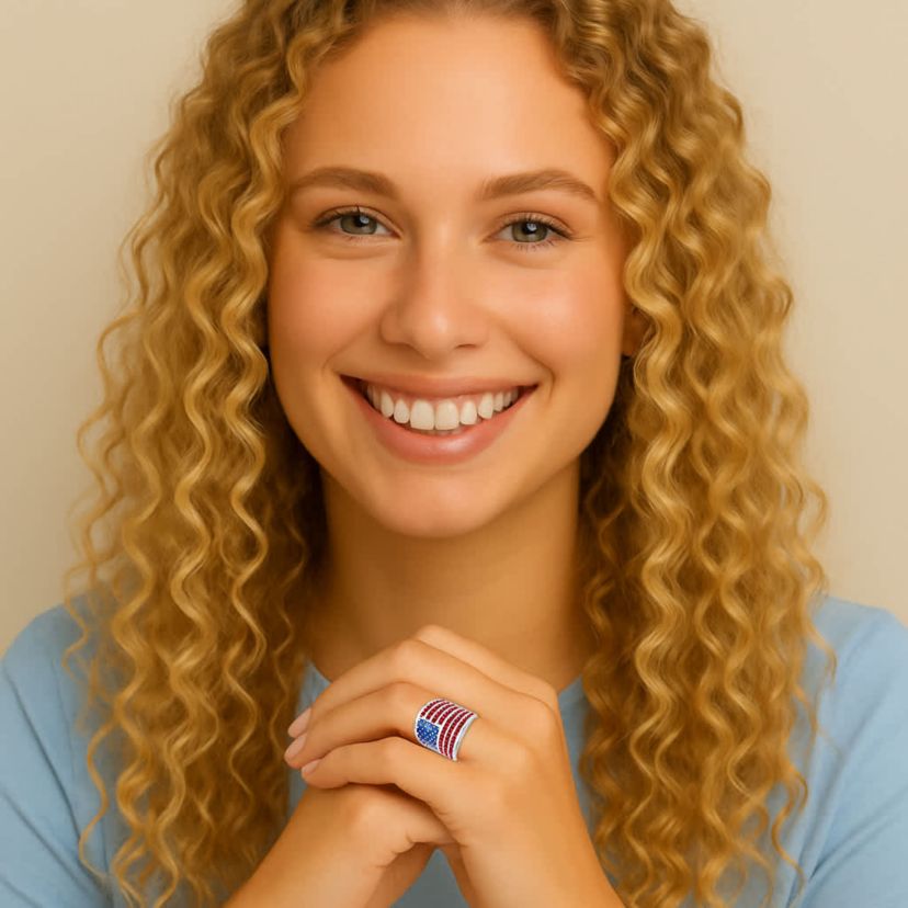 2.08 Cttw. Simulated Red Ruby Silvertone Patriotic American Flag Wide Band Ring