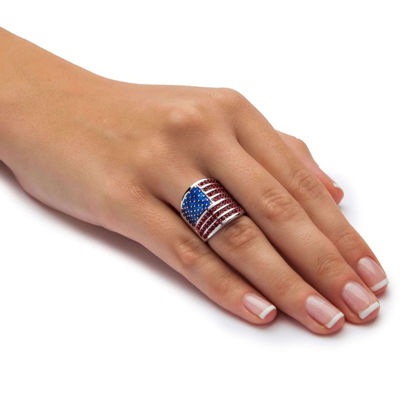 2.08 Cttw. Simulated Red Ruby Silvertone Patriotic American Flag Wide Band Ring