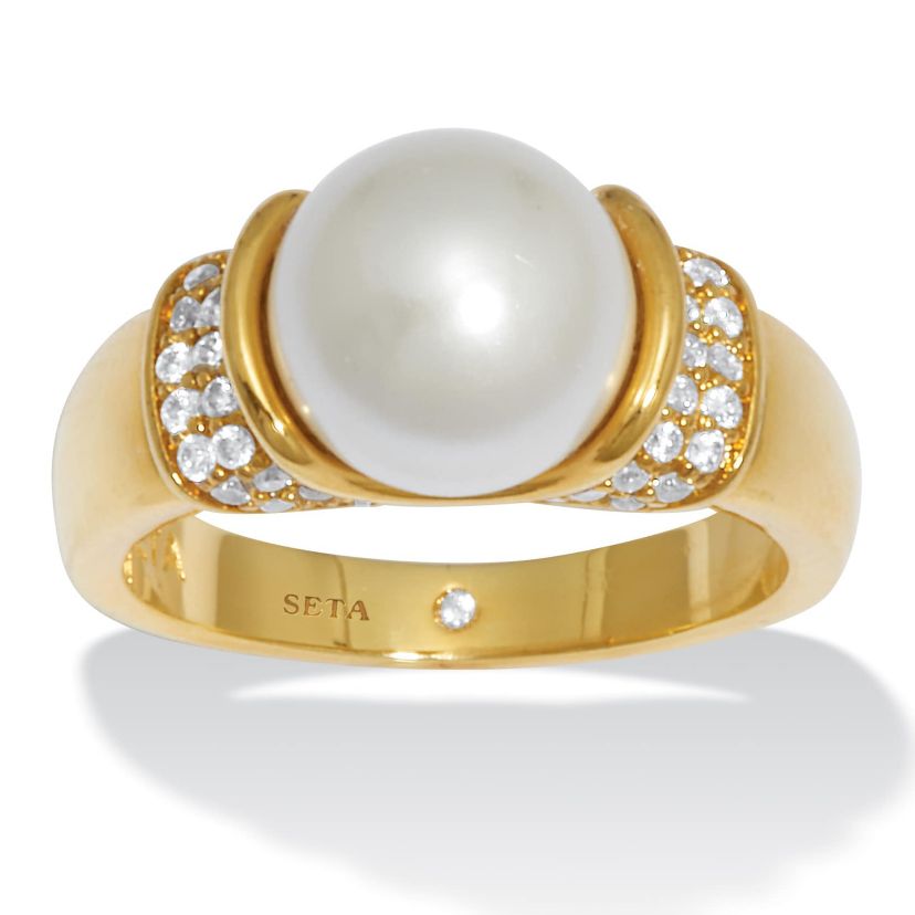 .32 TCW CZ and Round Simulated Pearl Yellow Gold-Plated Ring