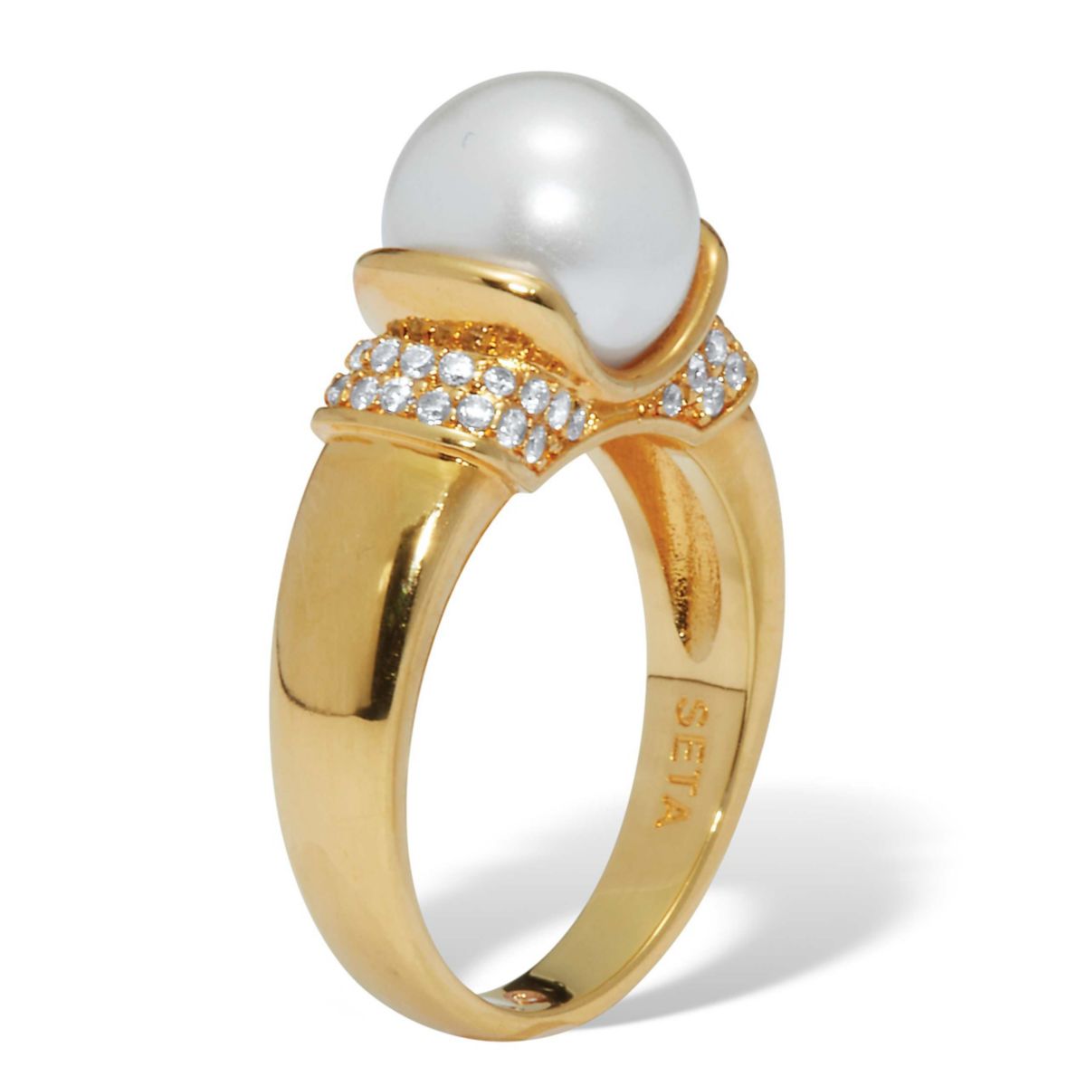 .32 TCW CZ and Round Simulated Pearl Yellow Gold-Plated Ring