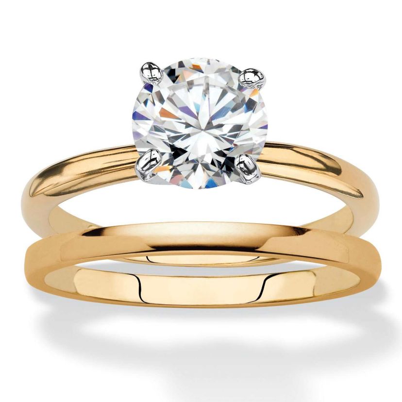 2 Cttw. Cubic Zirconia 18k Gold-Plated 2-Piece Solitaire Wedding Ring Set