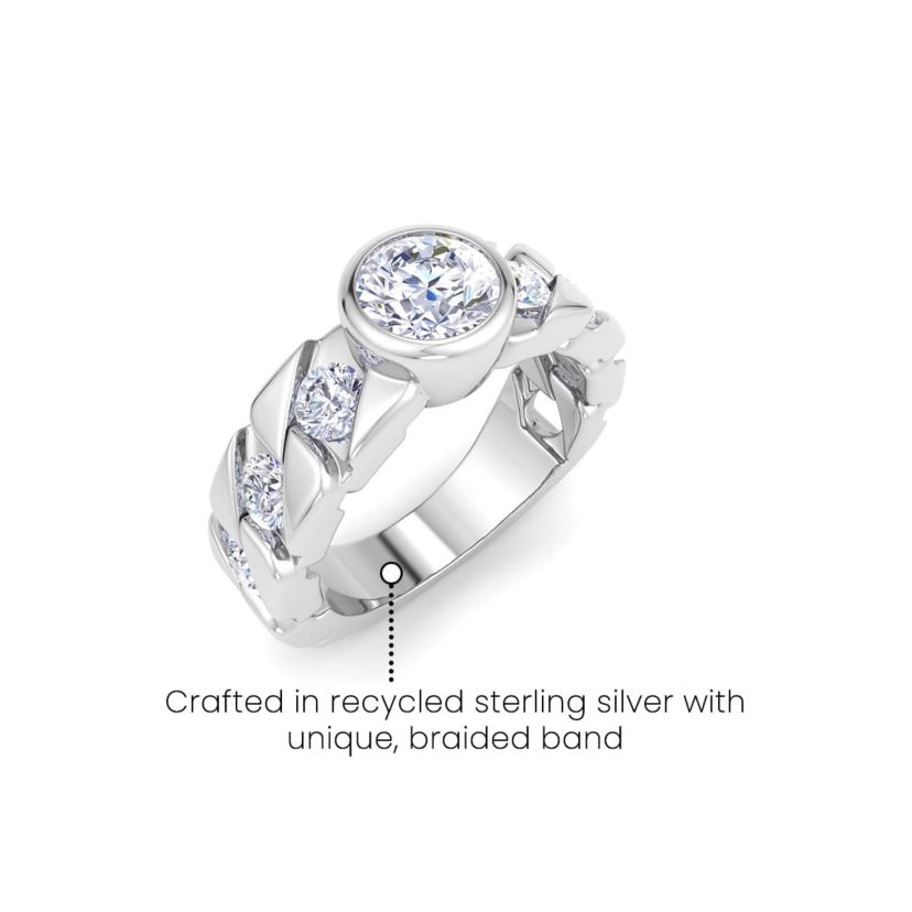 Lab Created Mens 3 Carat Round Shape Lab Grown Diamond Bezel Set Solitaire Ring In Sterling Silver