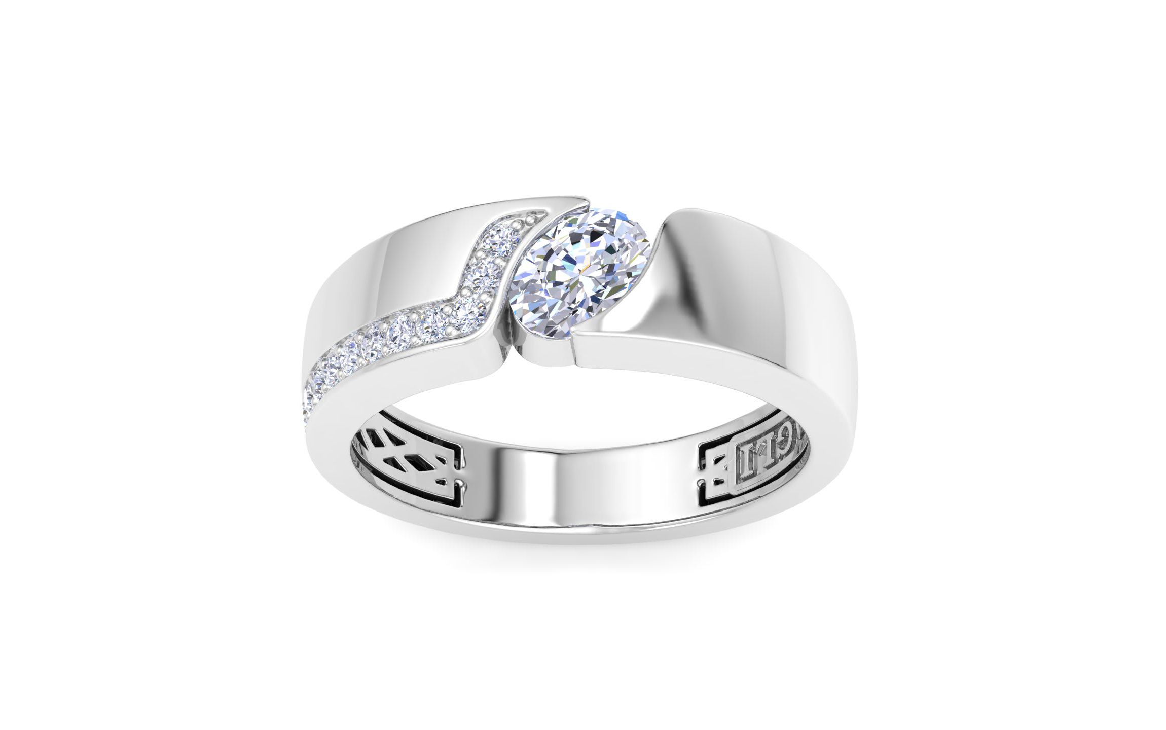 Lab Created Mens 1 Carat Oval Shape Lab Grown Diamond Floating Ring In Sterling Silver