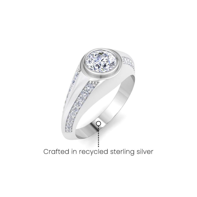Lab Created Mens 1 1/2 Carat Round Shape Lab Grown Diamond Ring In Sterling Silver