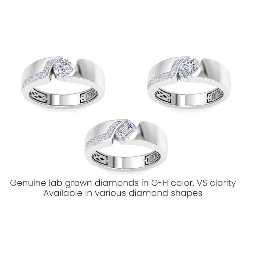 Lab Created Mens 1 Carat Emerald Cut Lab Grown Diamond Floating Ring In Sterling Silver