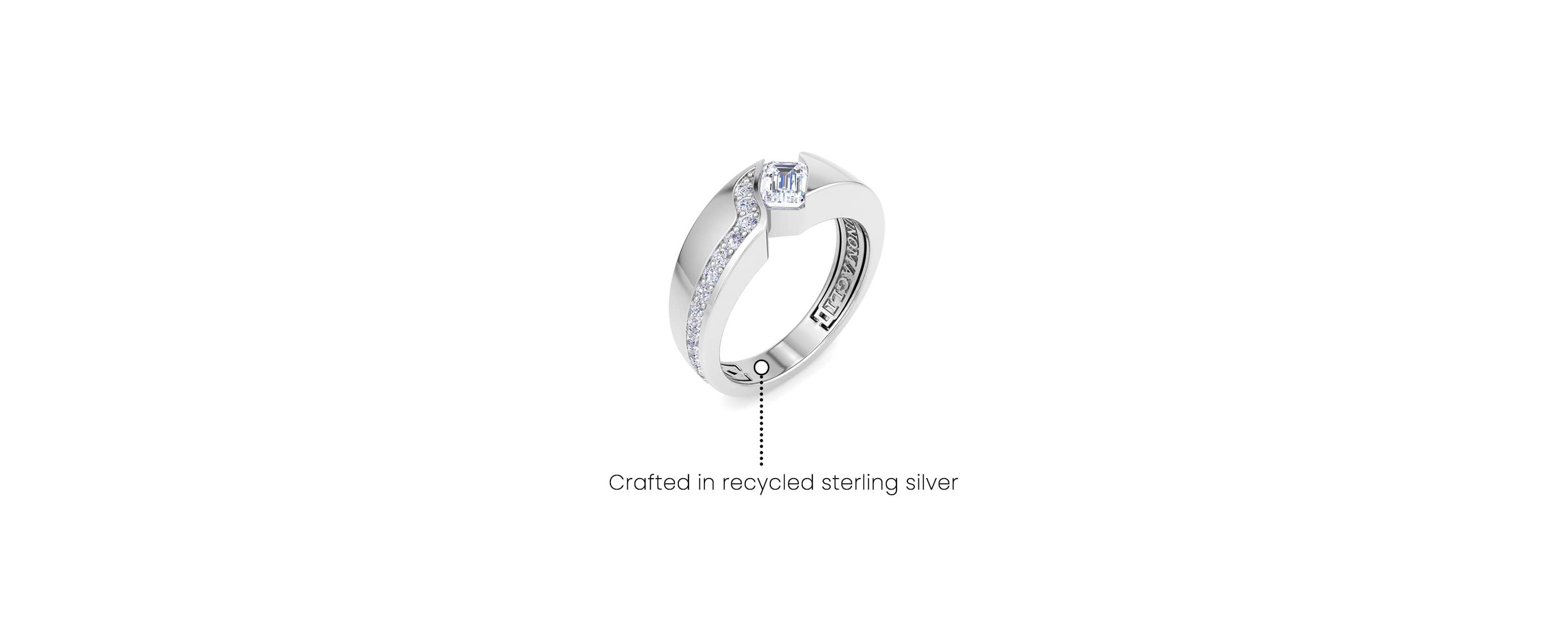 Lab Created Mens 1 Carat Emerald Cut Lab Grown Diamond Floating Ring In Sterling Silver