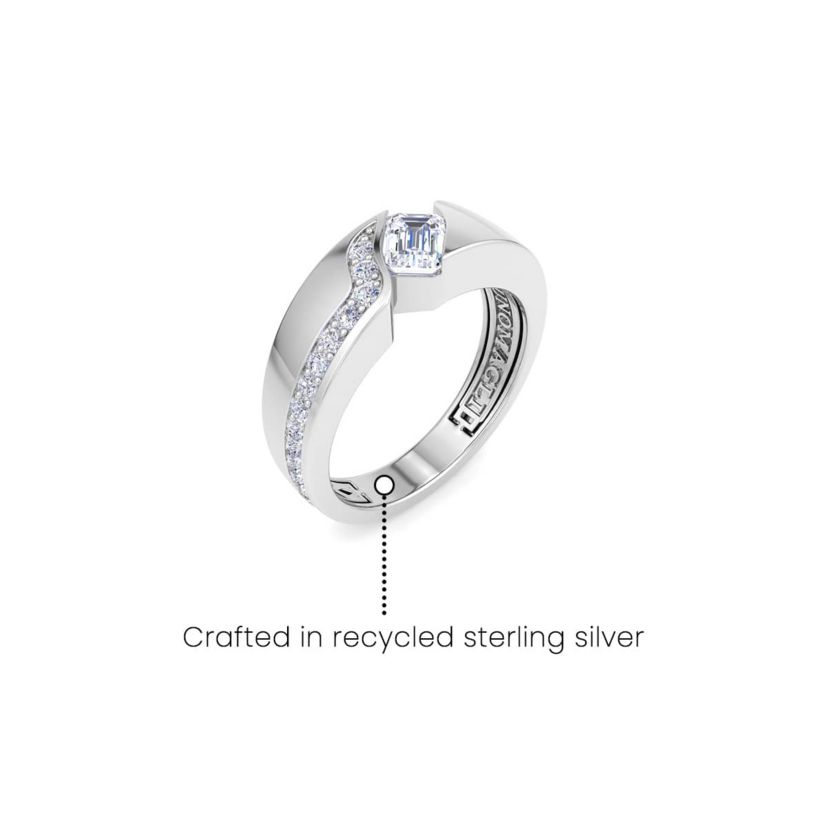 Lab Created Mens 1 Carat Emerald Cut Lab Grown Diamond Floating Ring In Sterling Silver