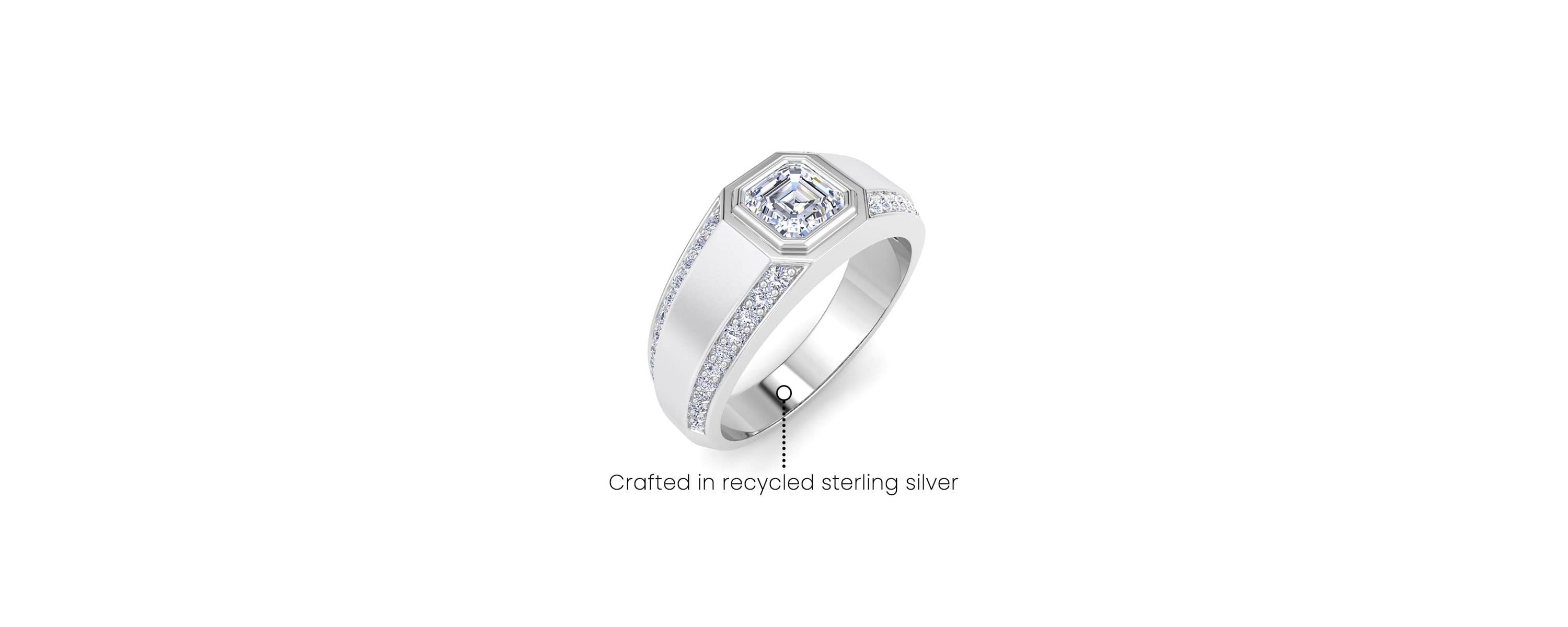 Lab Created Mens 1 1/2 Carat Asscher Cut Lab Grown Diamond Ring In Sterling Silver