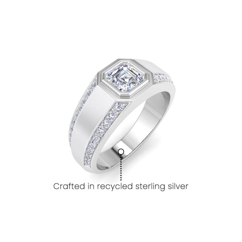 Lab Created Mens 1 1/2 Carat Asscher Cut Lab Grown Diamond Ring In Sterling Silver