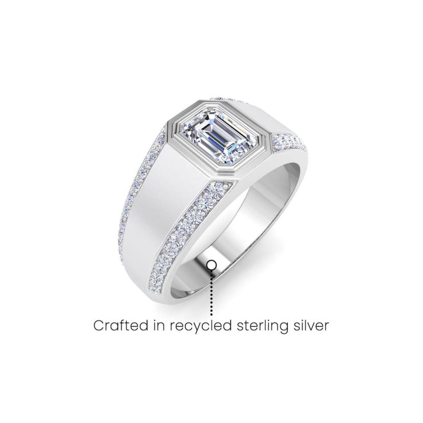 Lab Created Mens 1 1/2 Carat Emerald Cut Lab Grown Diamond Ring In Sterling Silver