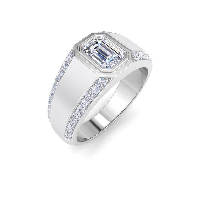 Lab Created Mens 1 1/2 Carat Emerald Cut Lab Grown Diamond Ring In Sterling Silver