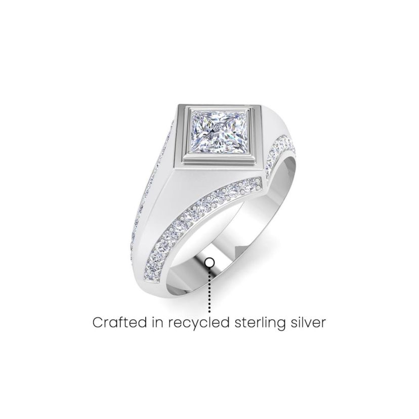 Lab Created Mens 1 1/2 Carat Princess Cut Lab Grown Diamond Ring In Sterling Silver