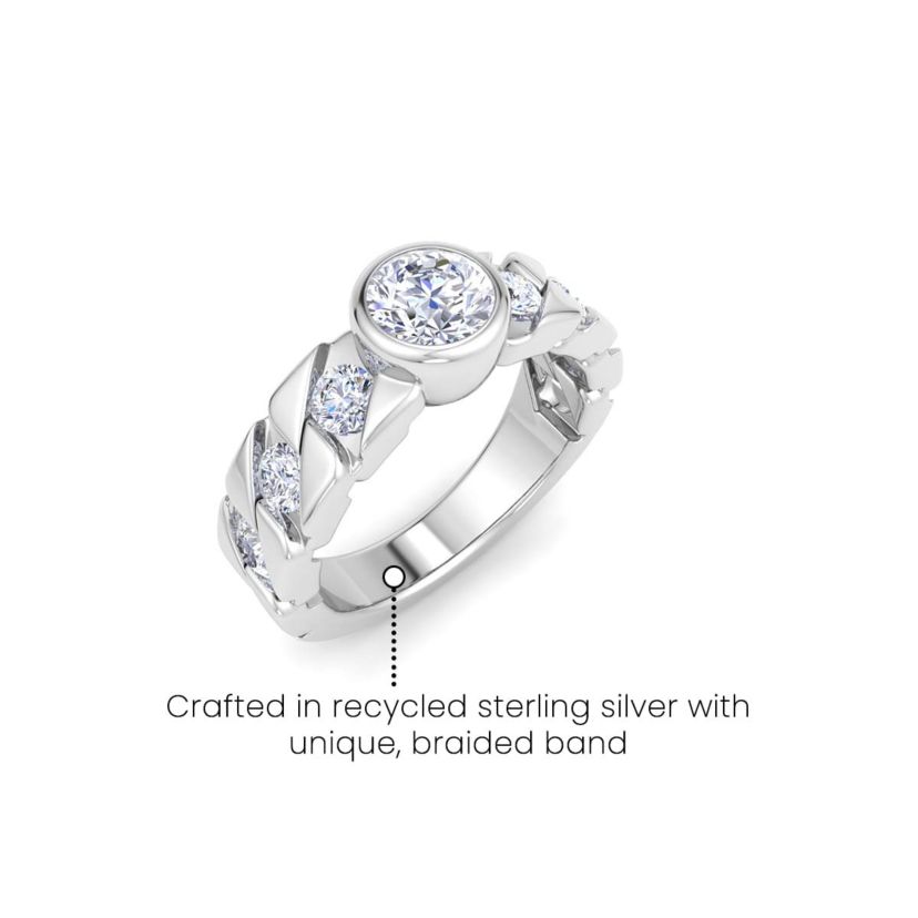 Lab Created Mens 2 Carat Round Shape Lab Grown Diamond Bezel Set Solitaire Ring In Sterling Silver