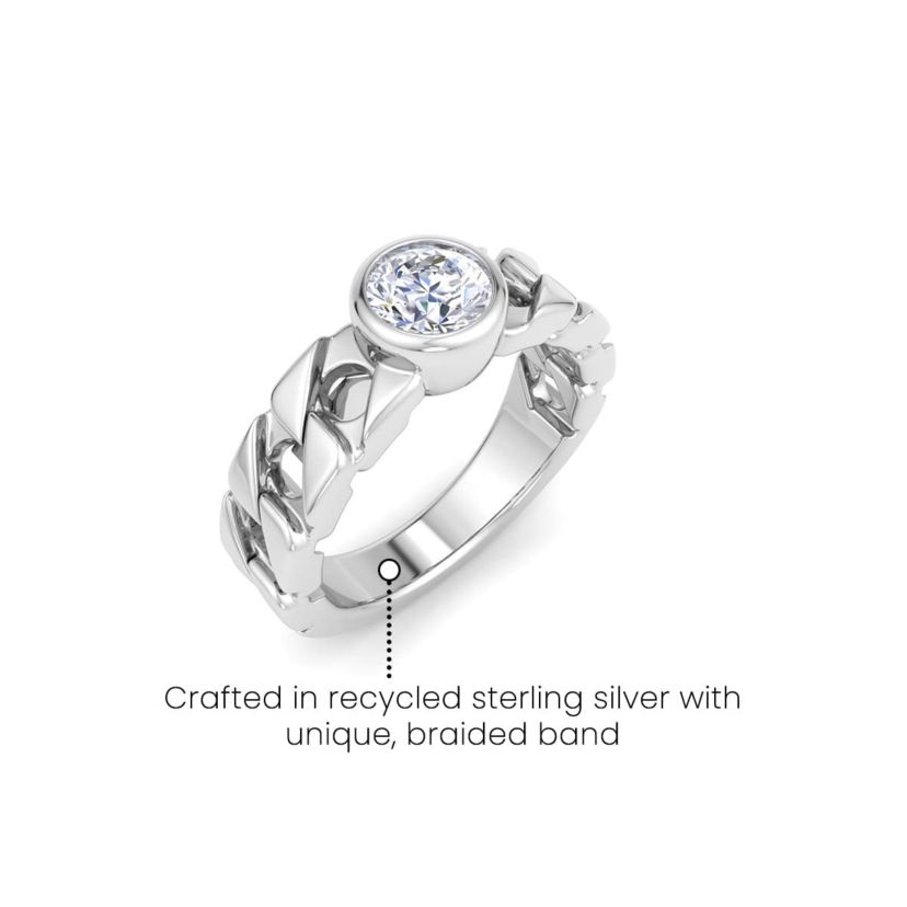 Lab Created Mens 1 Carat Round Shape Lab Grown Diamond Bezel Set Solitaire Ring In Sterling Silver