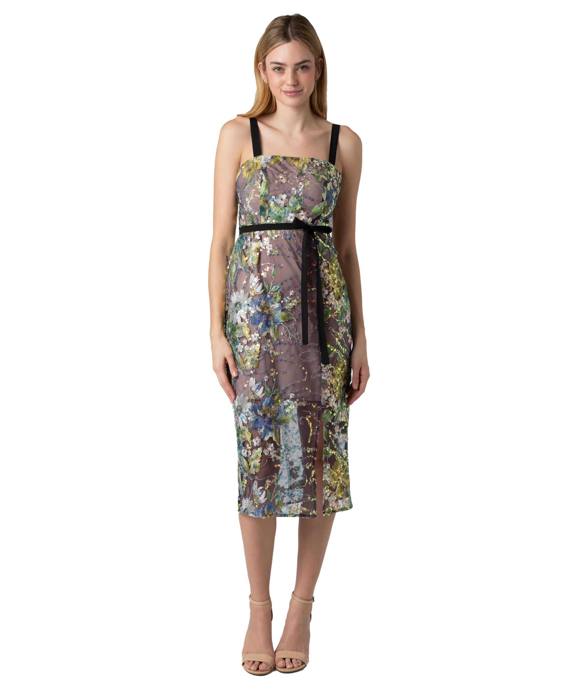 Floral Sequin Column Midi Dress