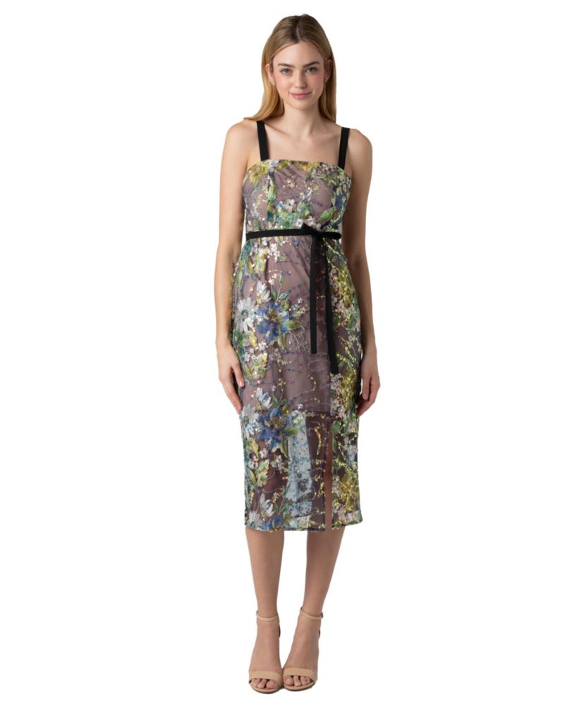 Floral Sequin Column Midi Dress