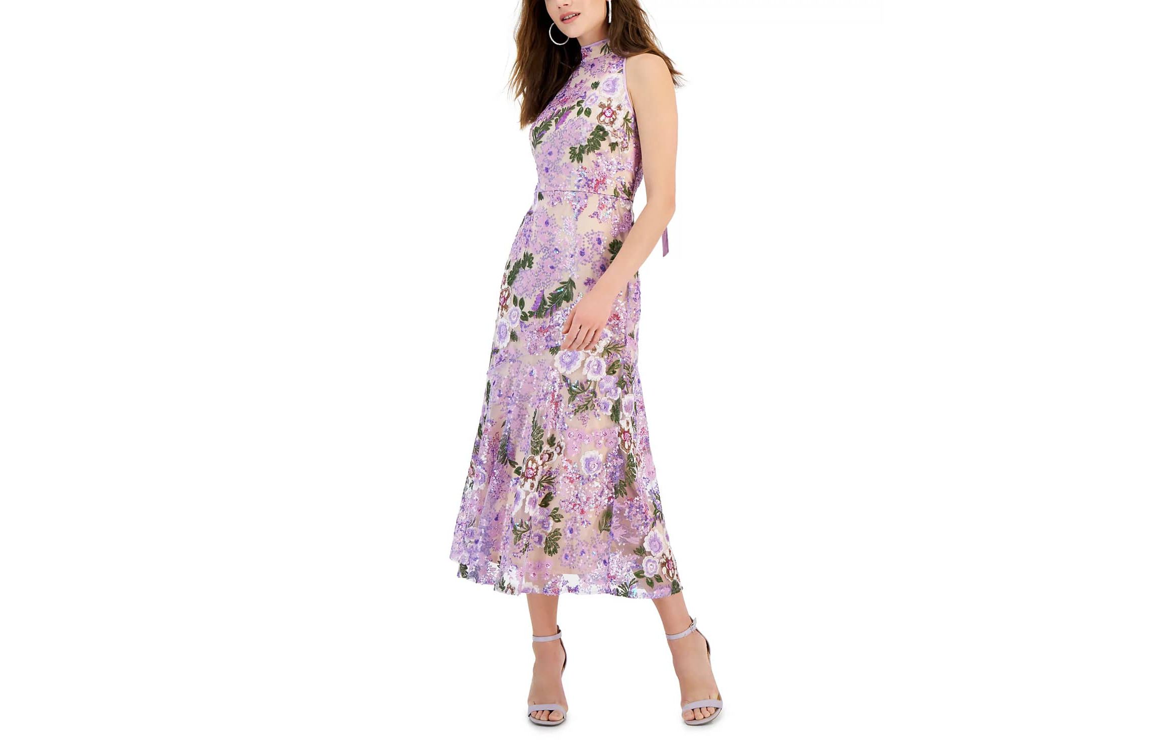 Floral Lace Sequin High Neck Dress