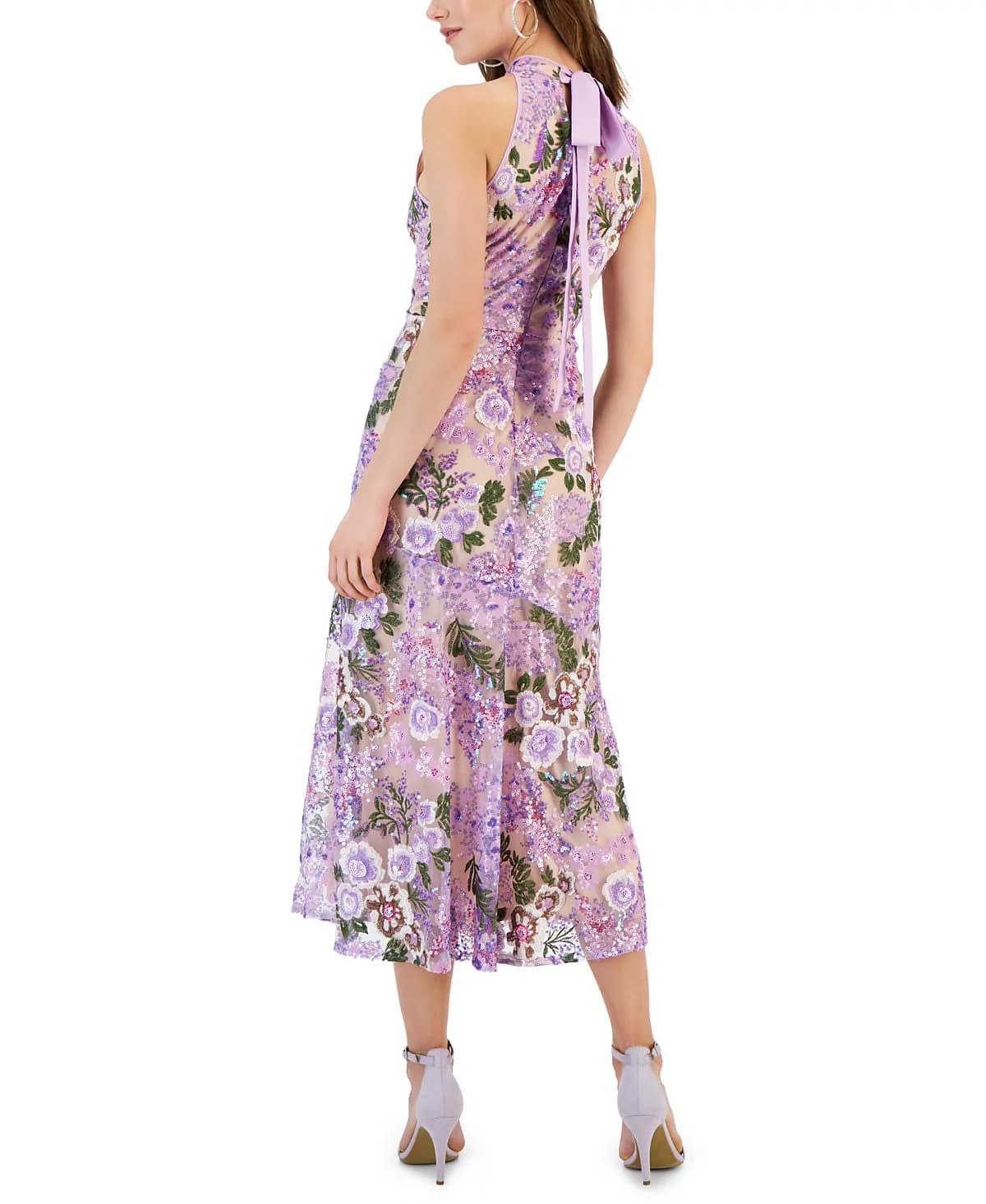 Floral Lace Sequin High Neck Dress