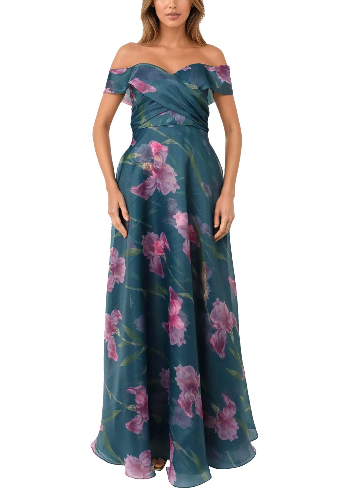 Womens Off the Shoulder Floral Drape Gown
