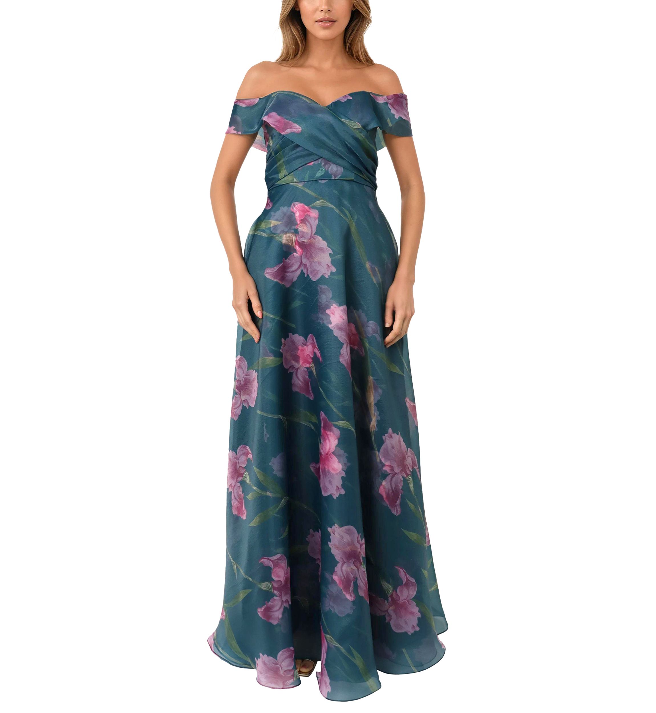 Womens Off the Shoulder Floral Drape Gown