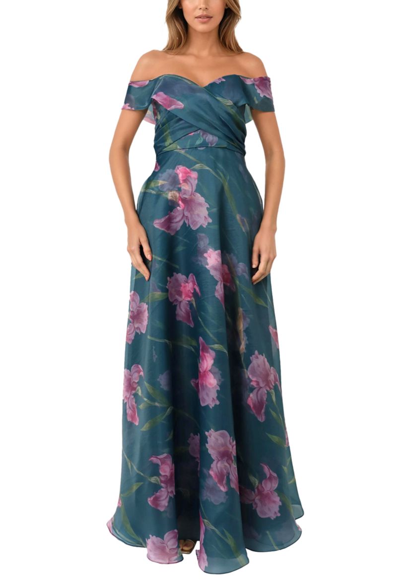 Womens Off the Shoulder Floral Drape Gown