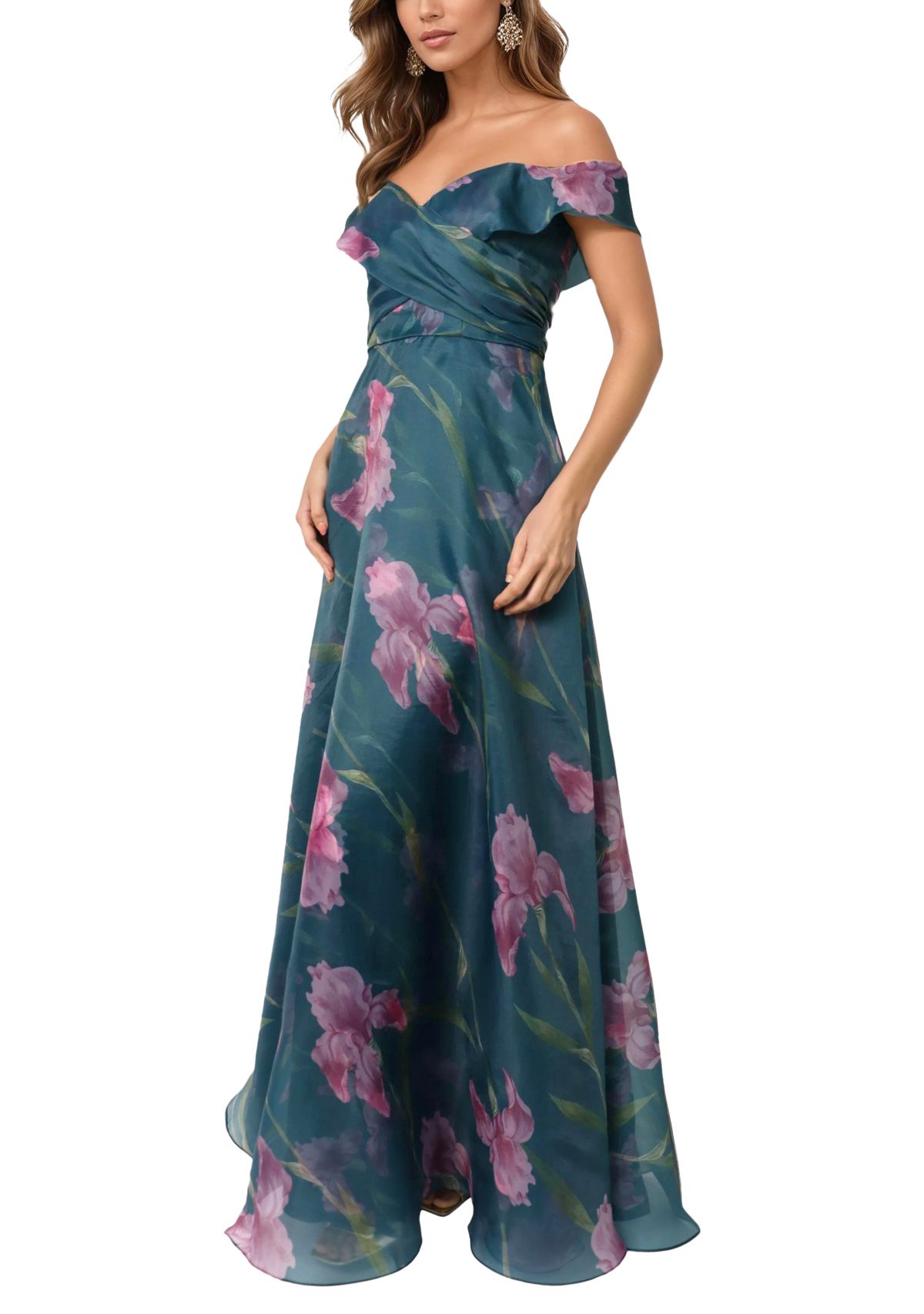 Womens Off the Shoulder Floral Drape Gown