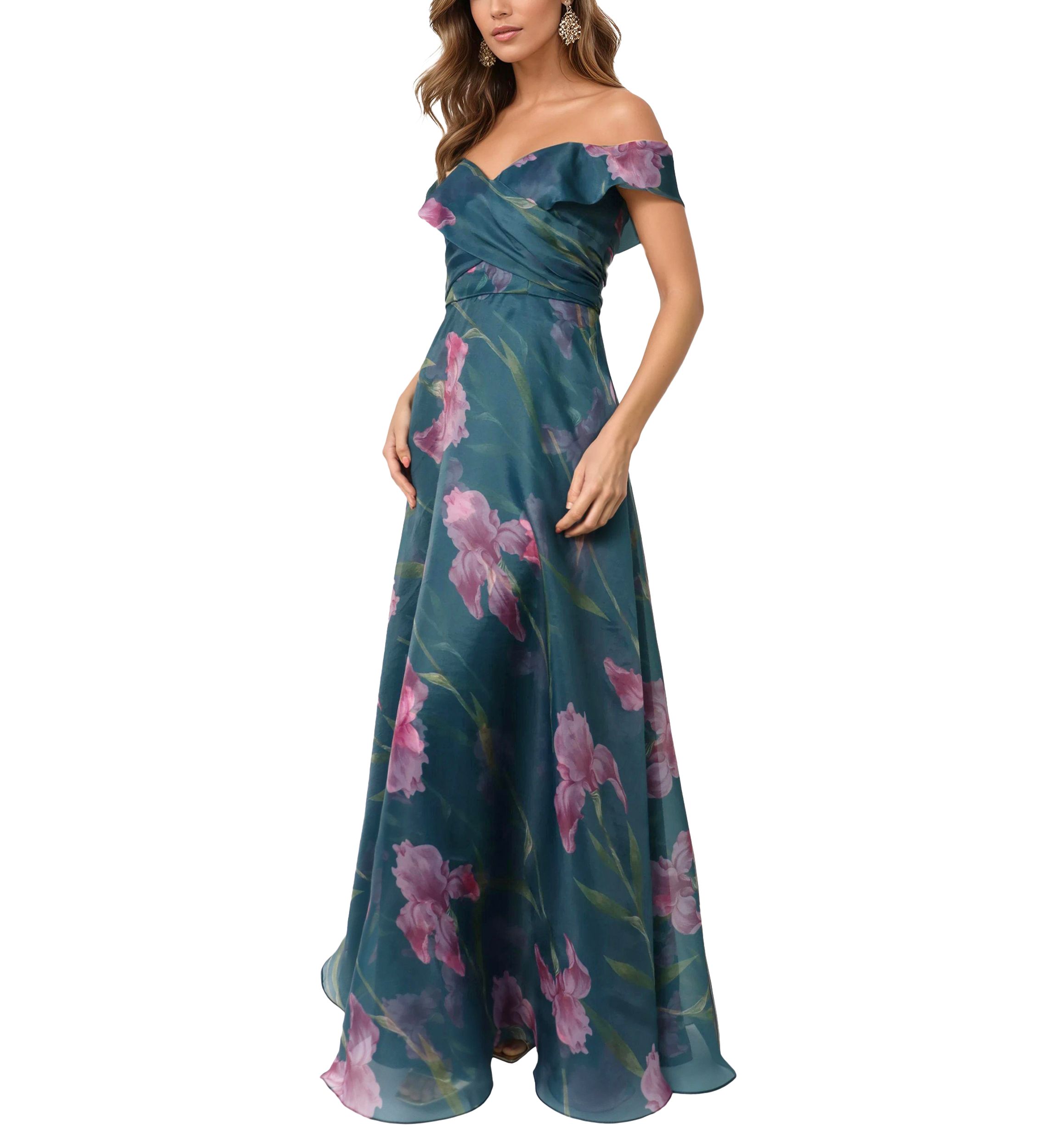 Womens Off the Shoulder Floral Drape Gown