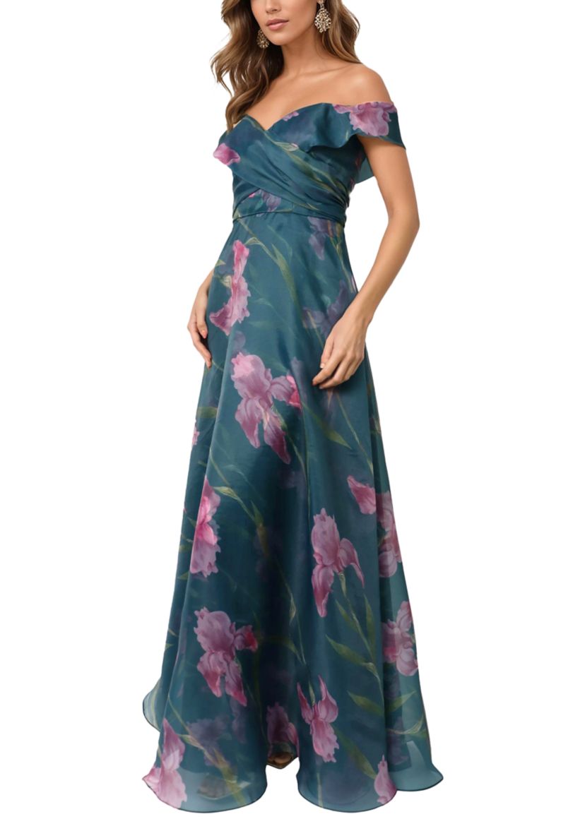 Womens Off the Shoulder Floral Drape Gown