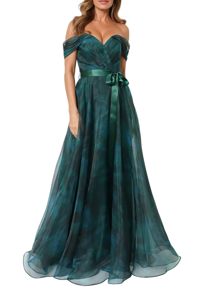 Rene by Rene Ruiz Collection Women's Sleeveless Off The Shoulder Organza Gown, Green, 14