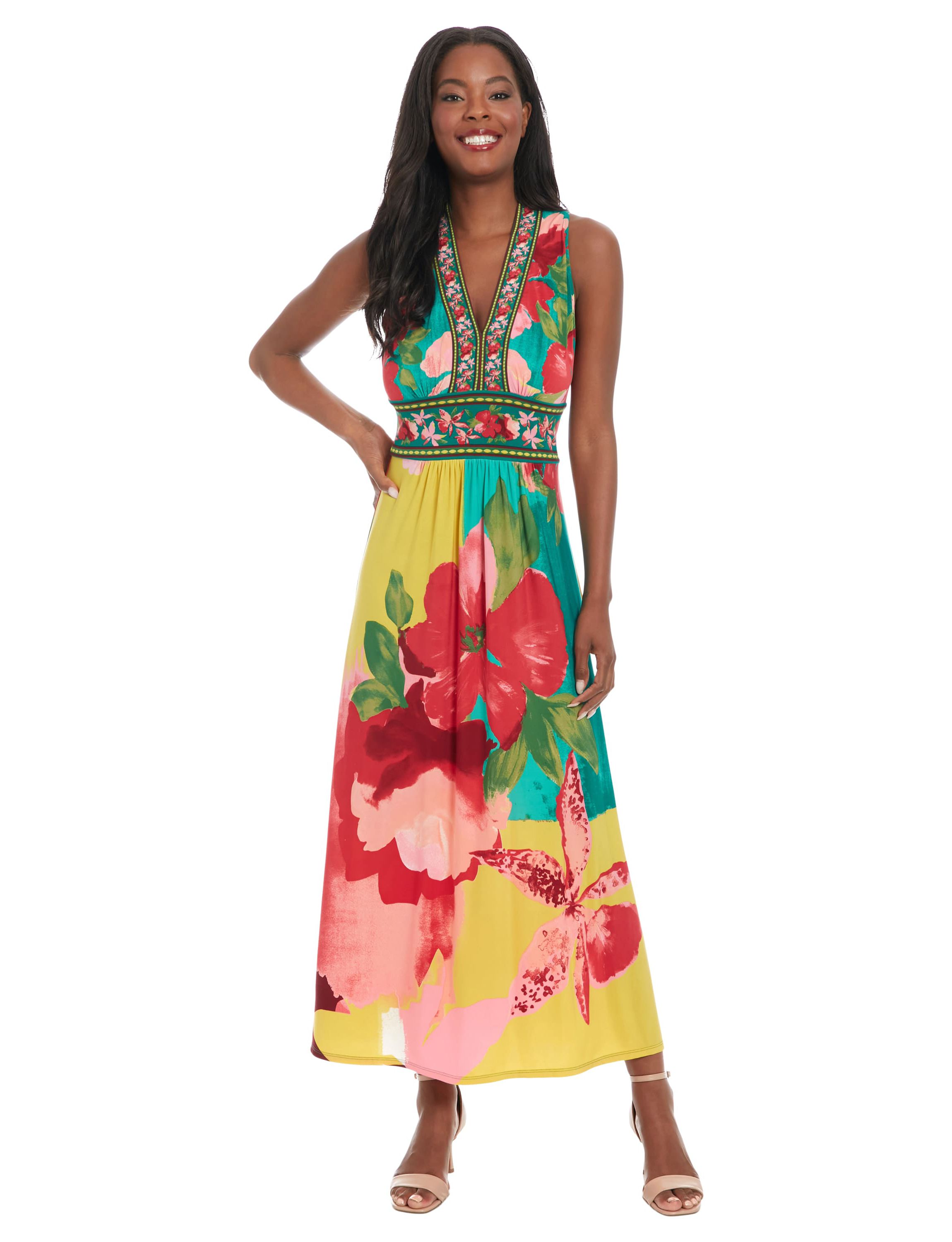 london times dresses maxi Women's Faux-Wrap Ruffle-Hem Dress - Blue Multi and a fabric sash tie at the waist Gold Ribbons Sleeveless Maxi Dress