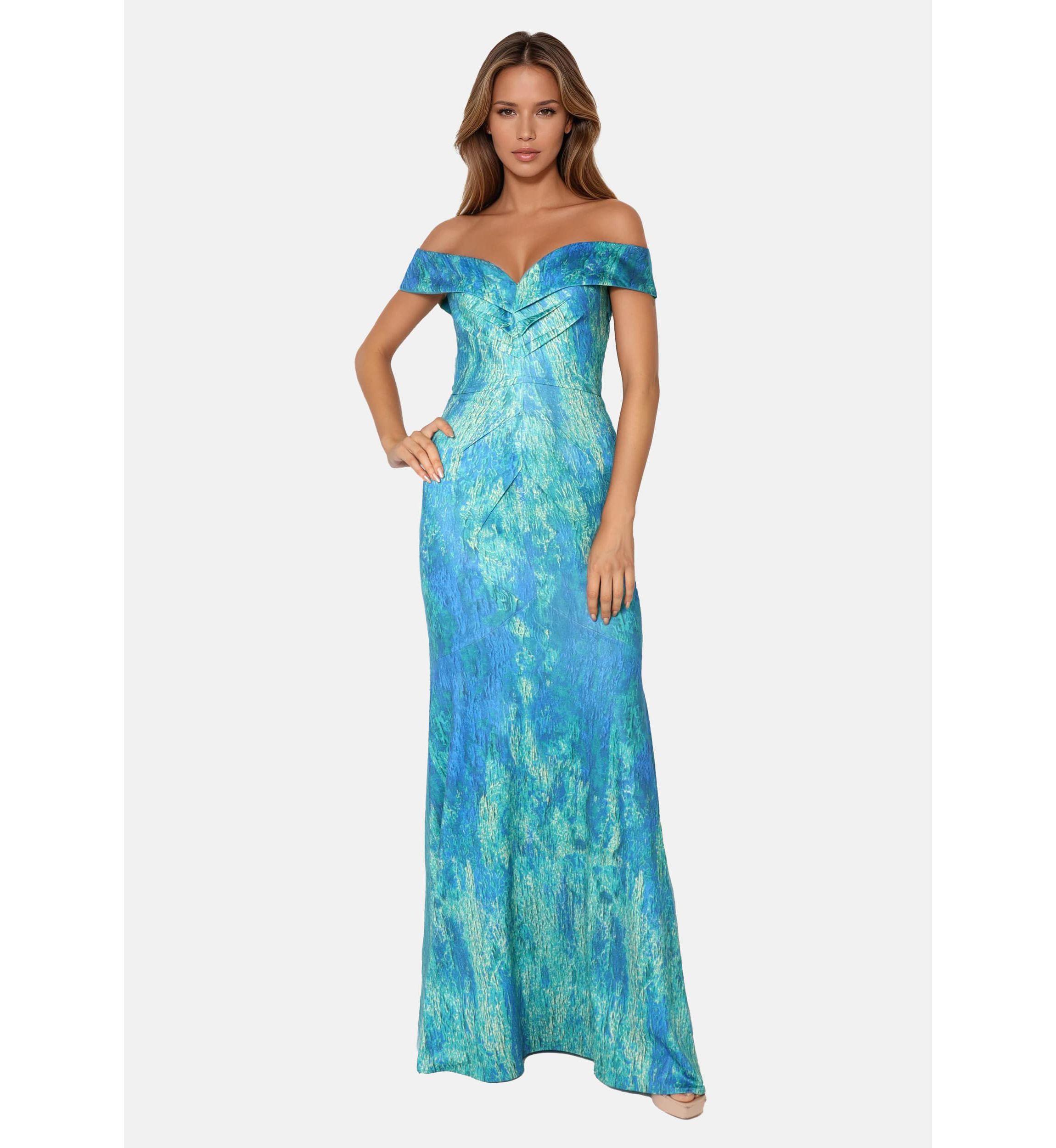Printed Off The Shoulder Fit And Flare Gown With Inverted Asym Darts