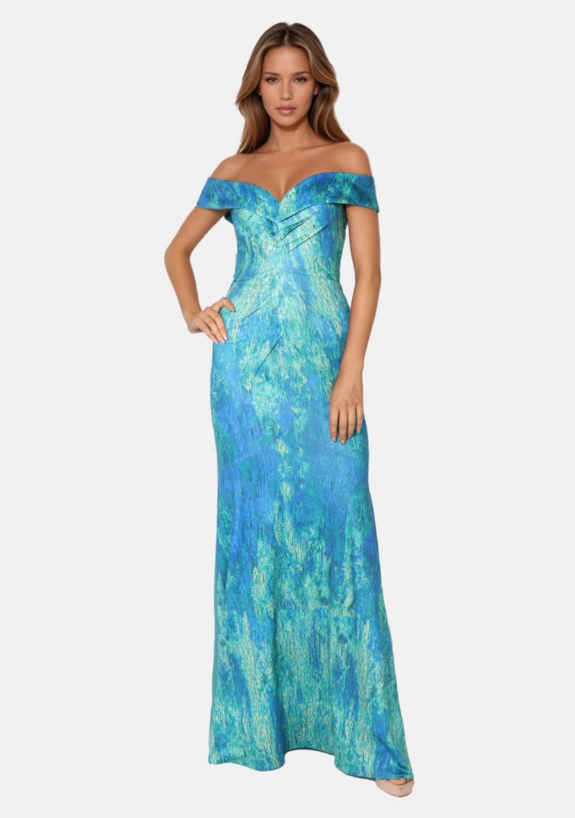 Printed Off The Shoulder Fit And Flare Gown With Inverted Asym Darts