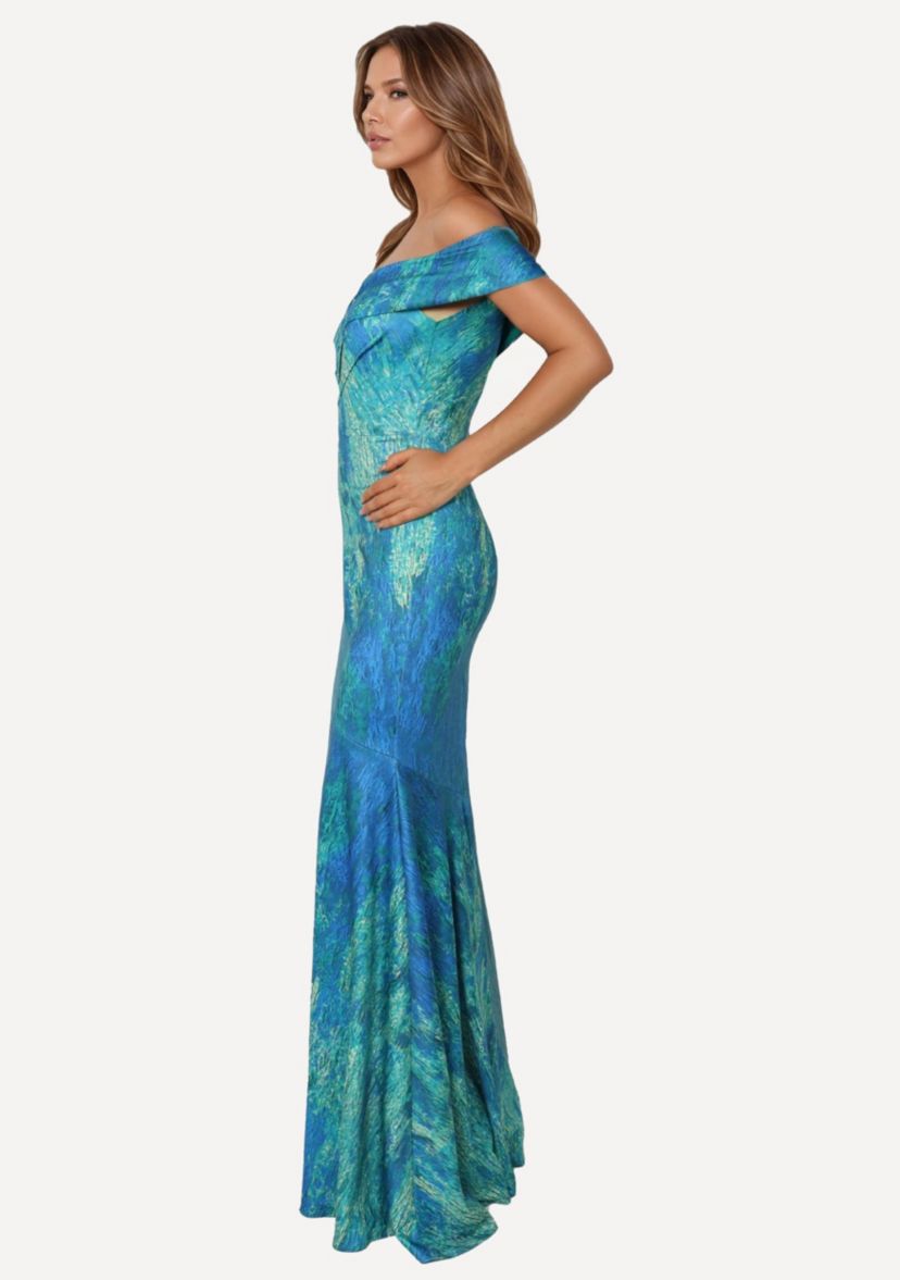 Printed Off The Shoulder Fit And Flare Gown With Inverted Asym Darts