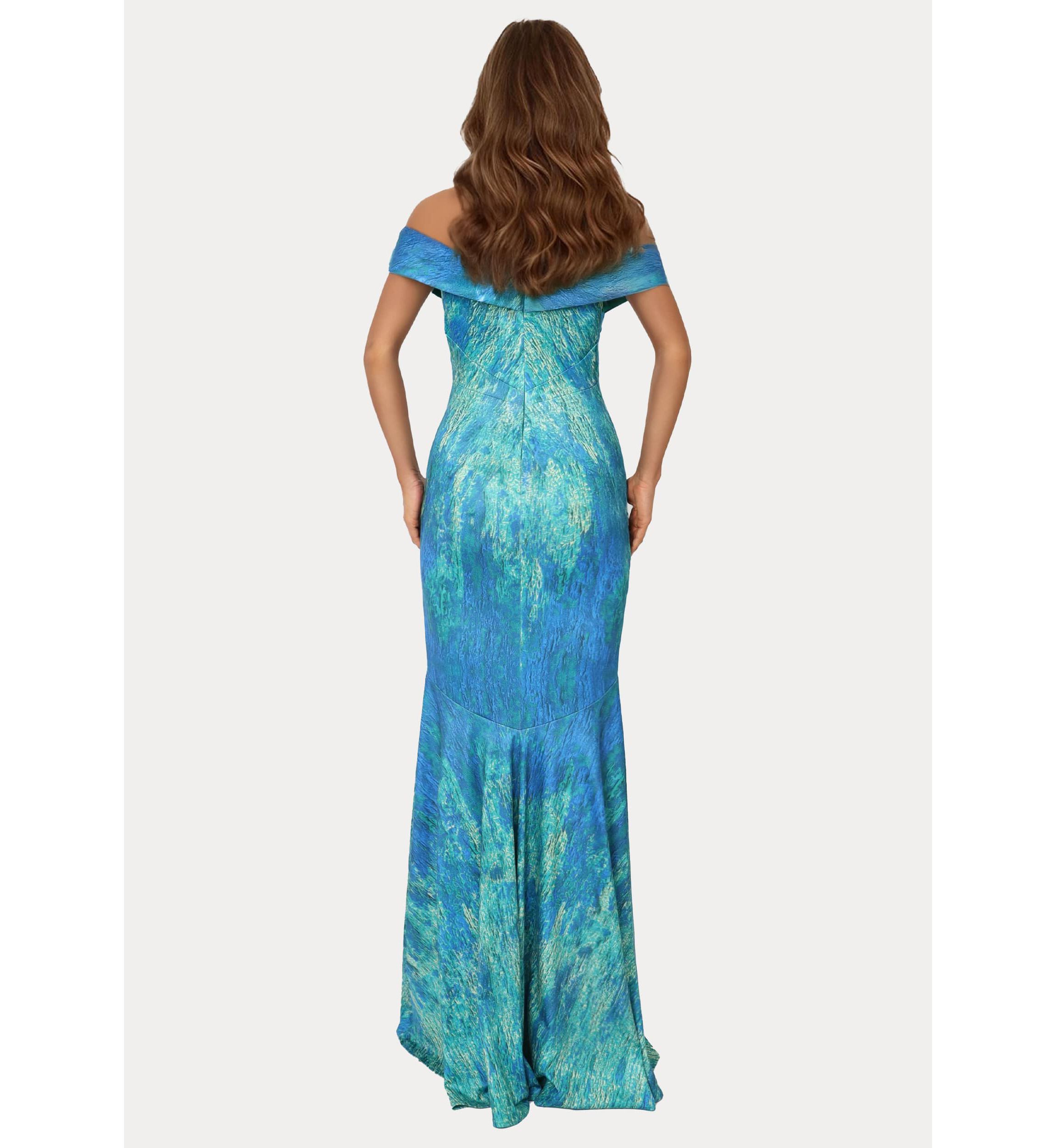 Printed Off The Shoulder Fit And Flare Gown With Inverted Asym Darts