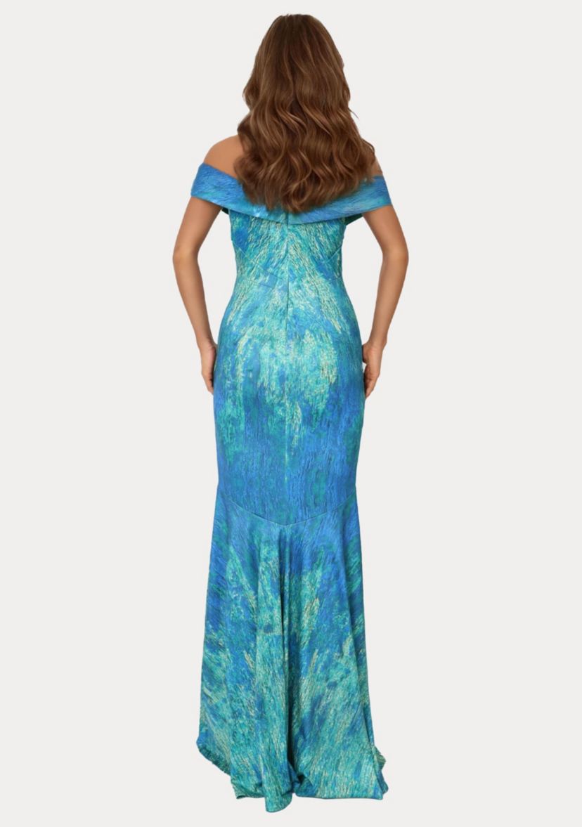 Printed Off The Shoulder Fit And Flare Gown With Inverted Asym Darts