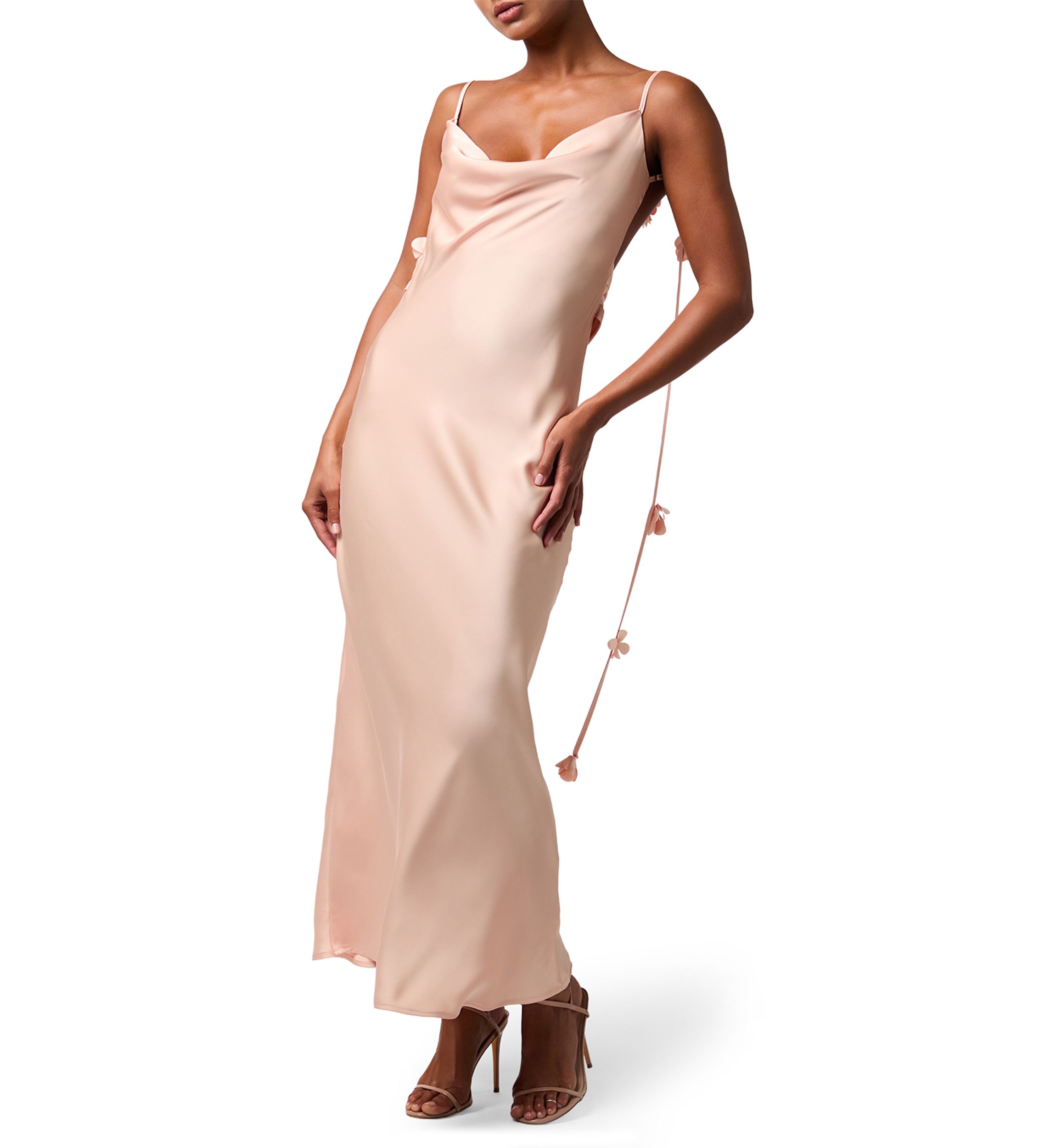 Lulus Women's Sleeveless Satin Maxi Dress with 3D Floral Straps, Peach, Large