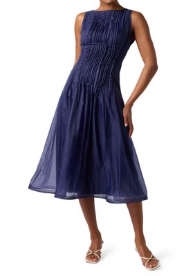 Lulus Women's Sleeveless Organza Pleated Tie Back Midi Dress, Navy Blue, XL