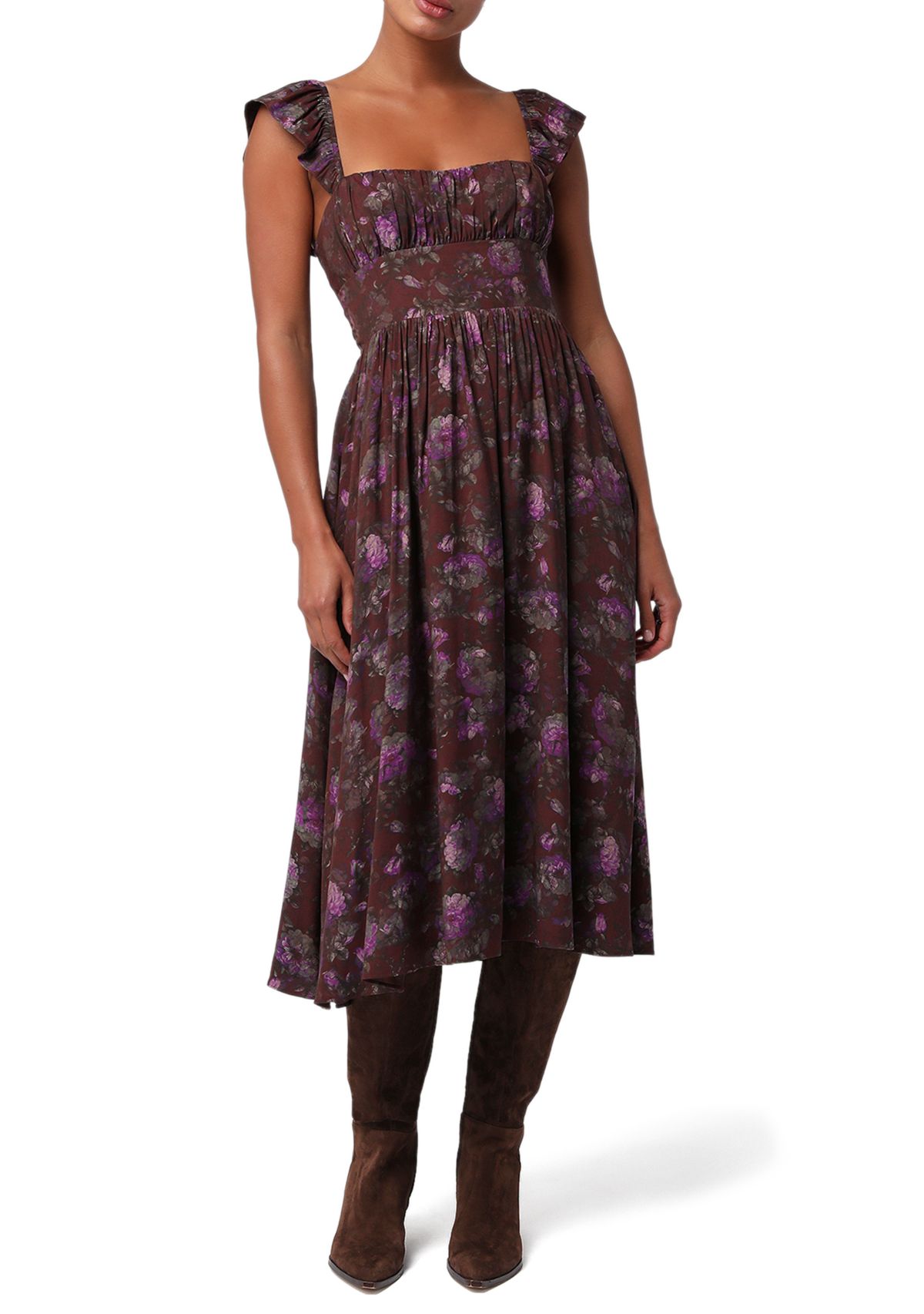 Womens Vera Ruffle Shoulder Midi Dress