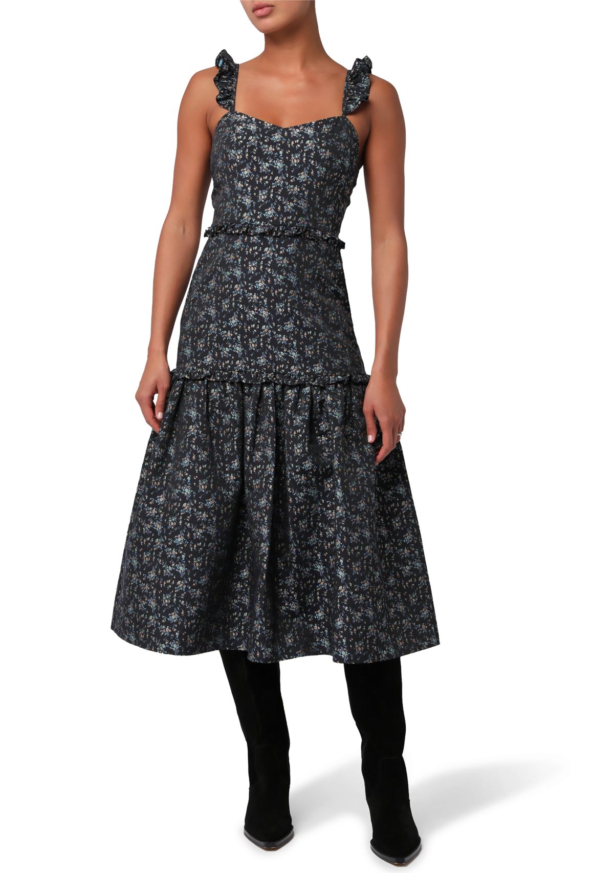 Womens Sandy Ruffle Shoulder Jacquard Dress