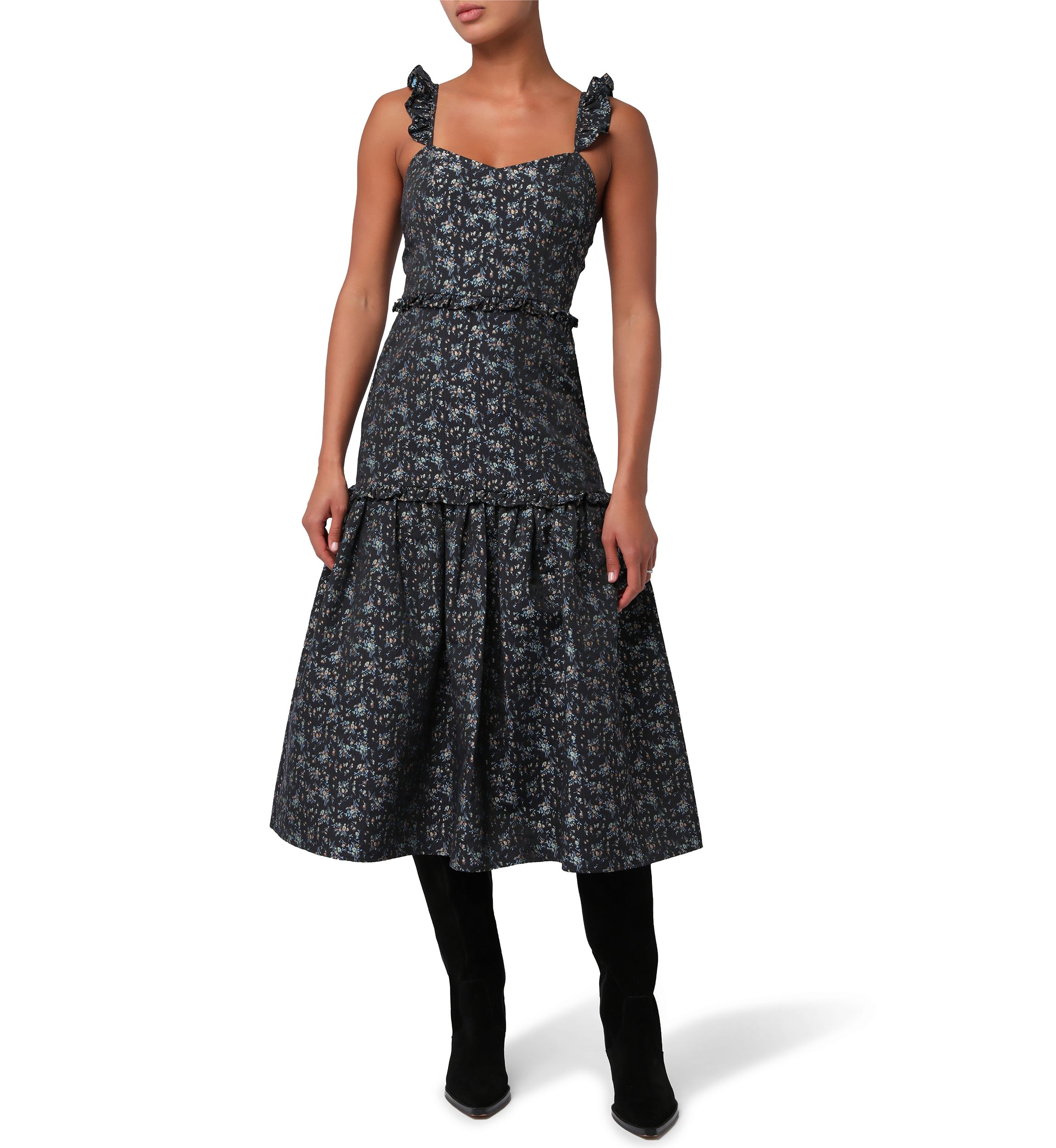Womens Sandy Ruffle Shoulder Jacquard Dress